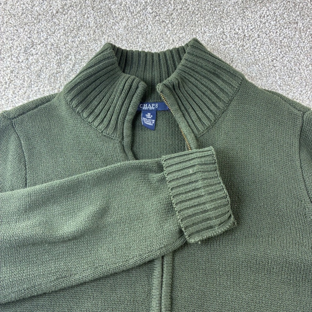 VTG Chaps Olive Green Full Zip Cotton Knit Sweater Cardigan with Buckle Pockets